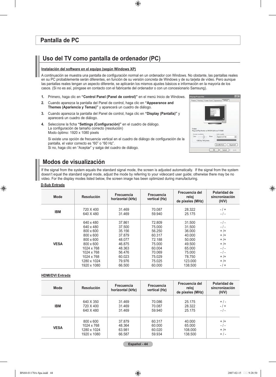 Uso del tv como pantalla de ordenador (pc), Modos de visualización pantalla de pc | Samsung LNT4665FX-XAA User Manual | Page 134 / 178