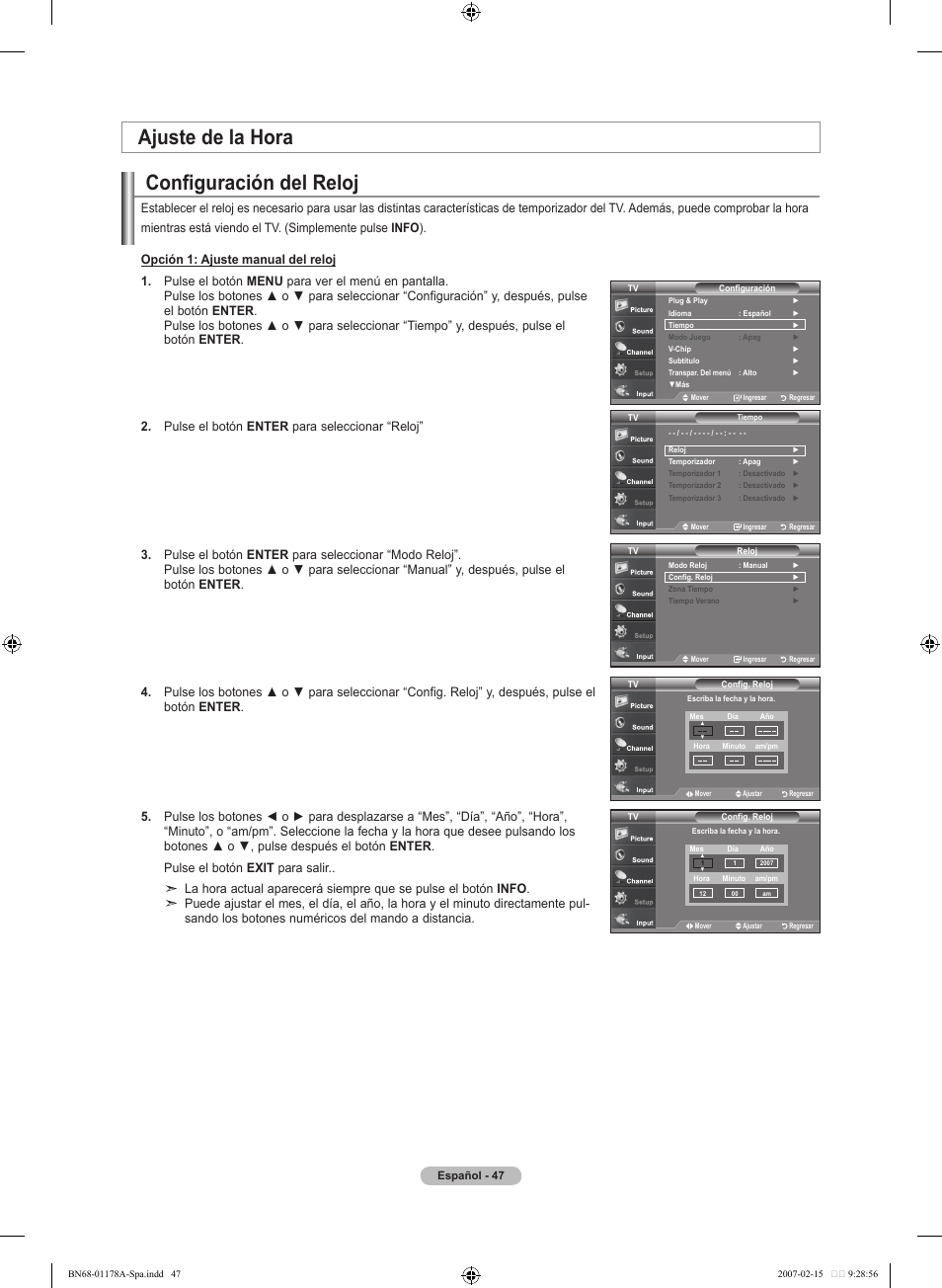 Configuración del reloj, Ajuste de la hora | Samsung LNT4665FX-XAA User Manual | Page 137 / 178