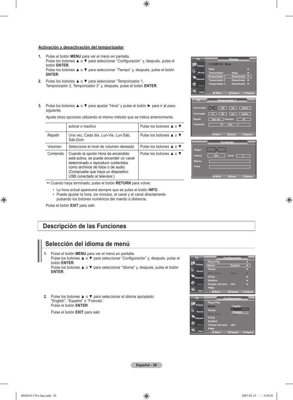 Selección del idioma de menú, Descripción de las funciones | Samsung LNT4665FX-XAA User Manual | Page 140 / 178