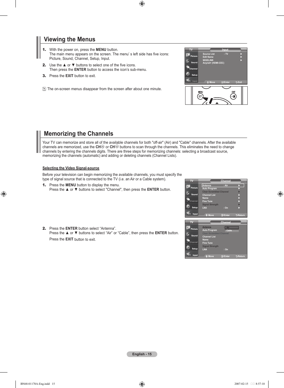 Viewing the menus, Memorizing the channels | Samsung LNT4665FX-XAA User Manual | Page 17 / 178
