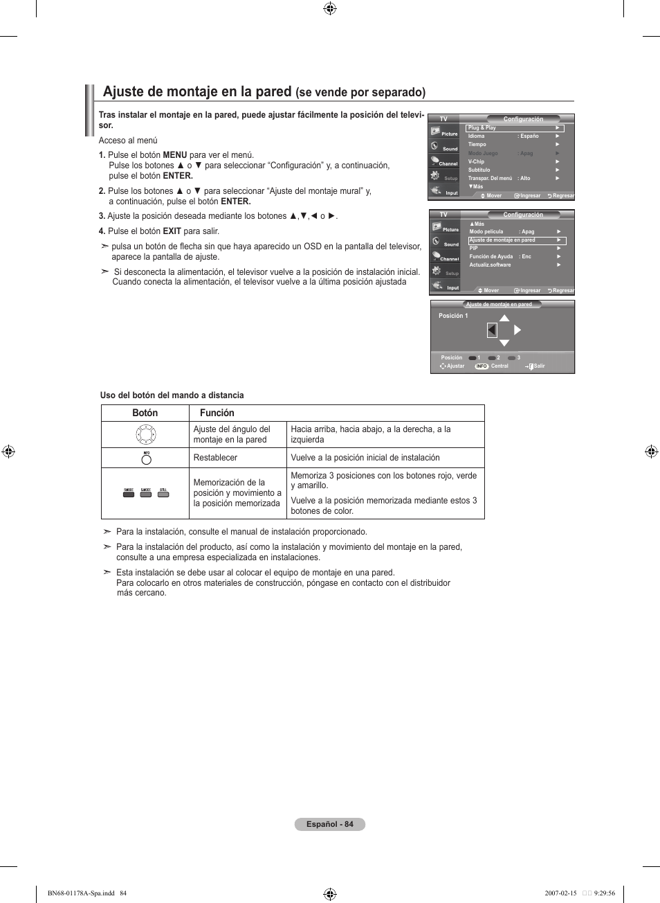 Ajuste de montaje en la pared, Se vende por separado), Botón función | Samsung LNT4665FX-XAA User Manual | Page 174 / 178