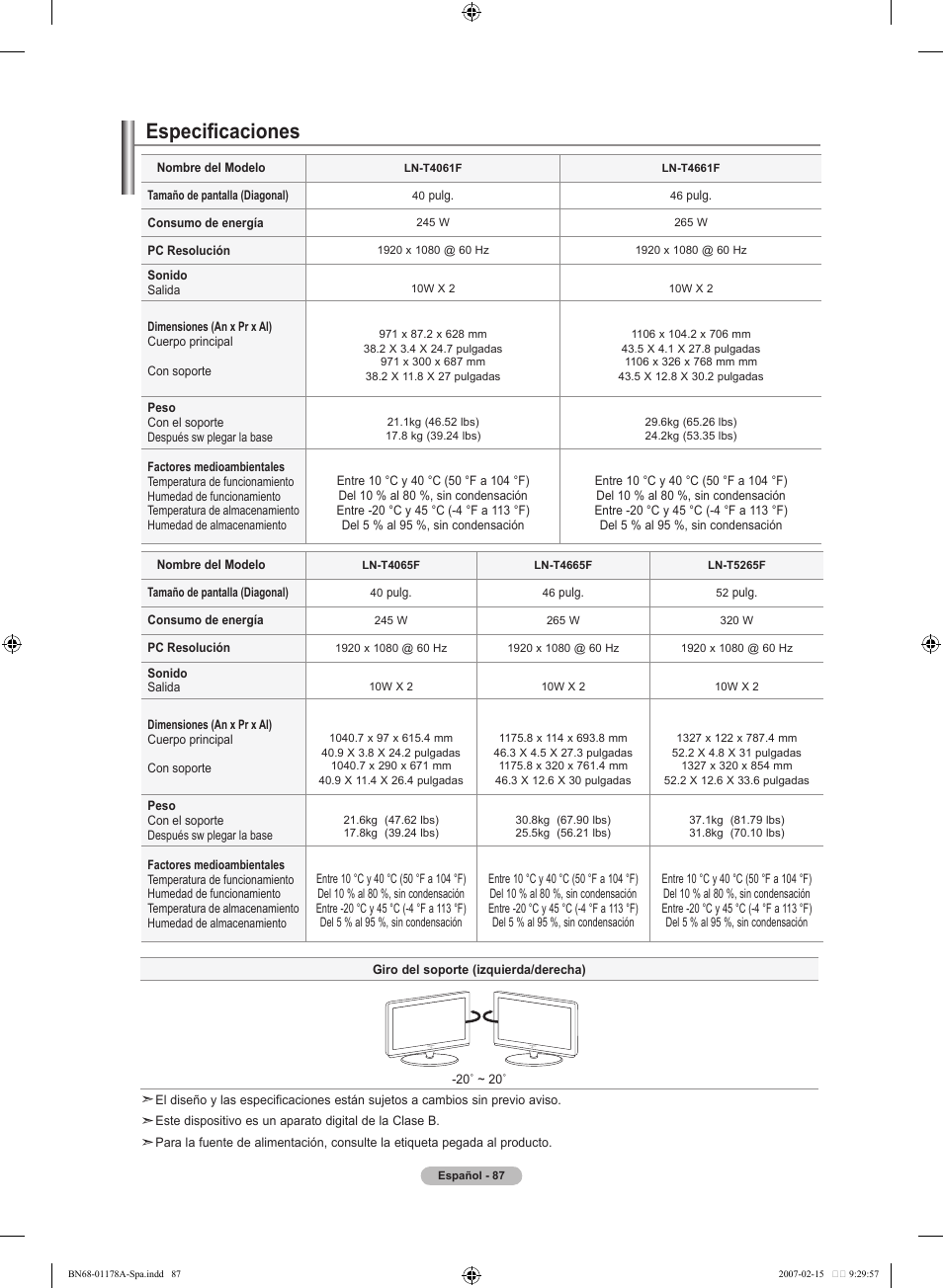 Especificaciones | Samsung LNT4665FX-XAA User Manual | Page 177 / 178