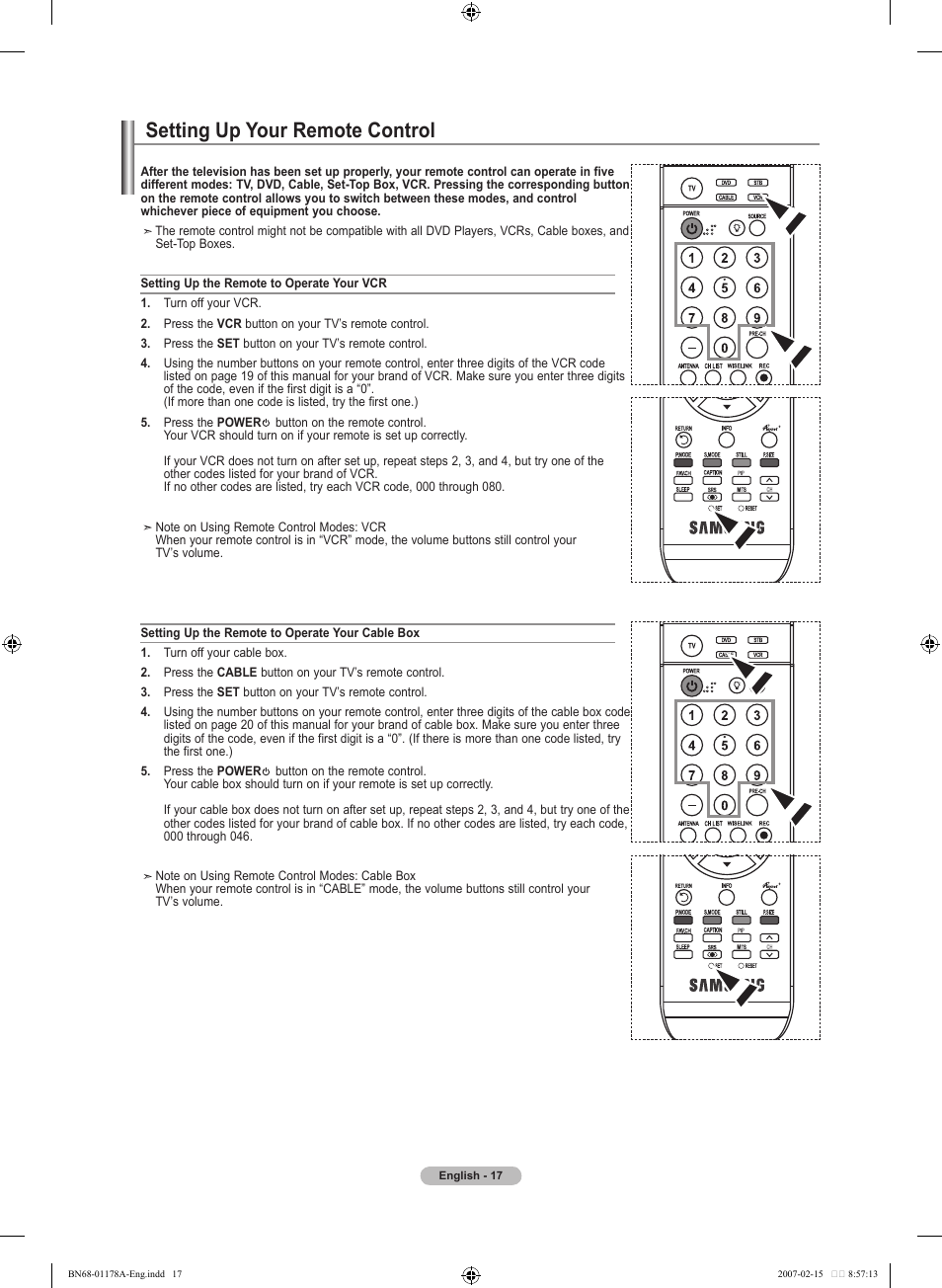 Setting up your remote control | Samsung LNT4665FX-XAA User Manual | Page 19 / 178