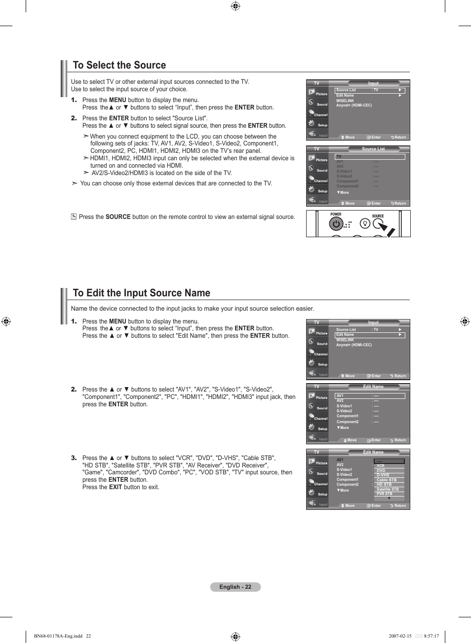 To select the source, To edit the input source name | Samsung LNT4665FX-XAA User Manual | Page 24 / 178