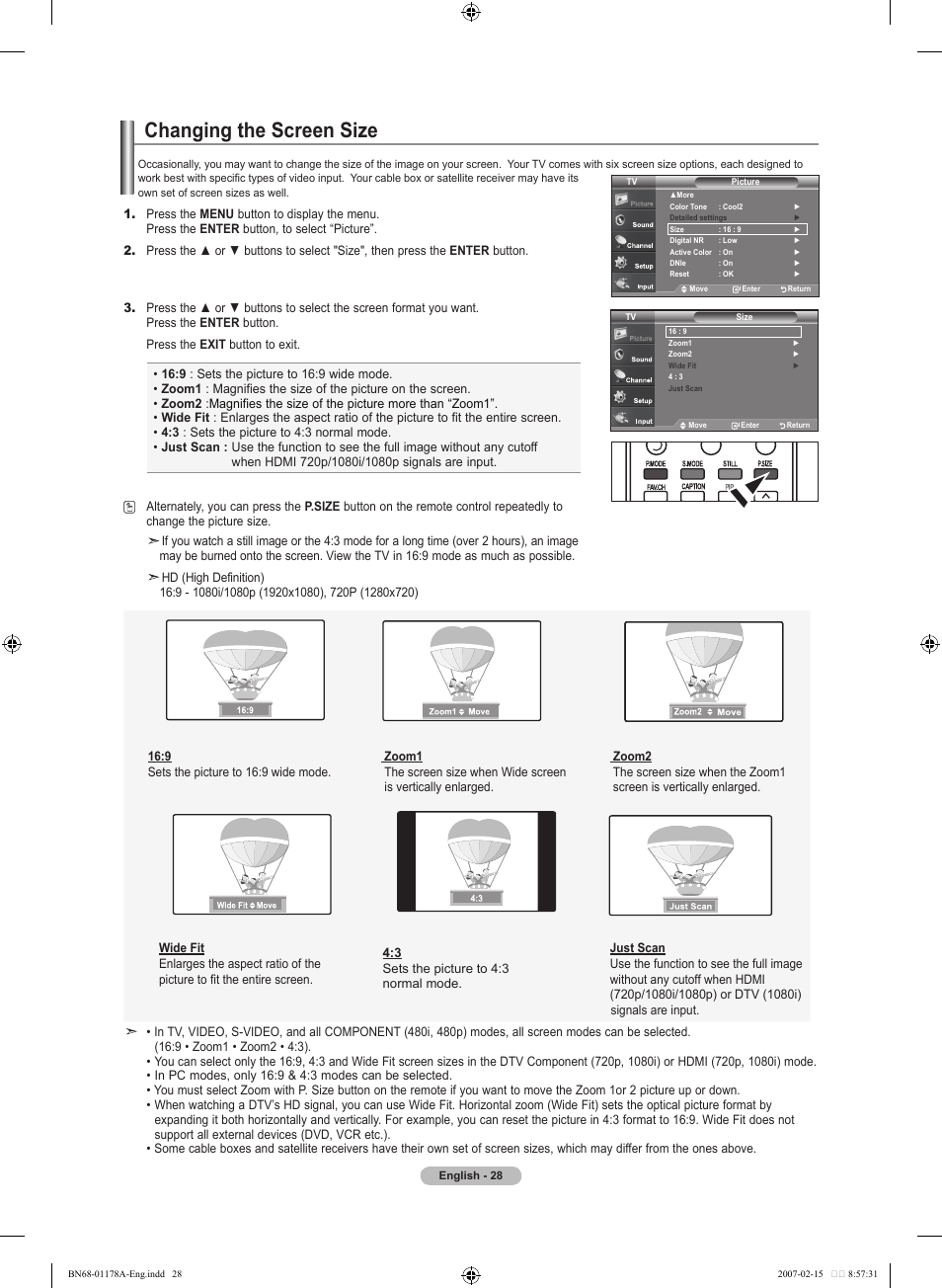 Changing the screen size | Samsung LNT4665FX-XAA User Manual | Page 30 / 178