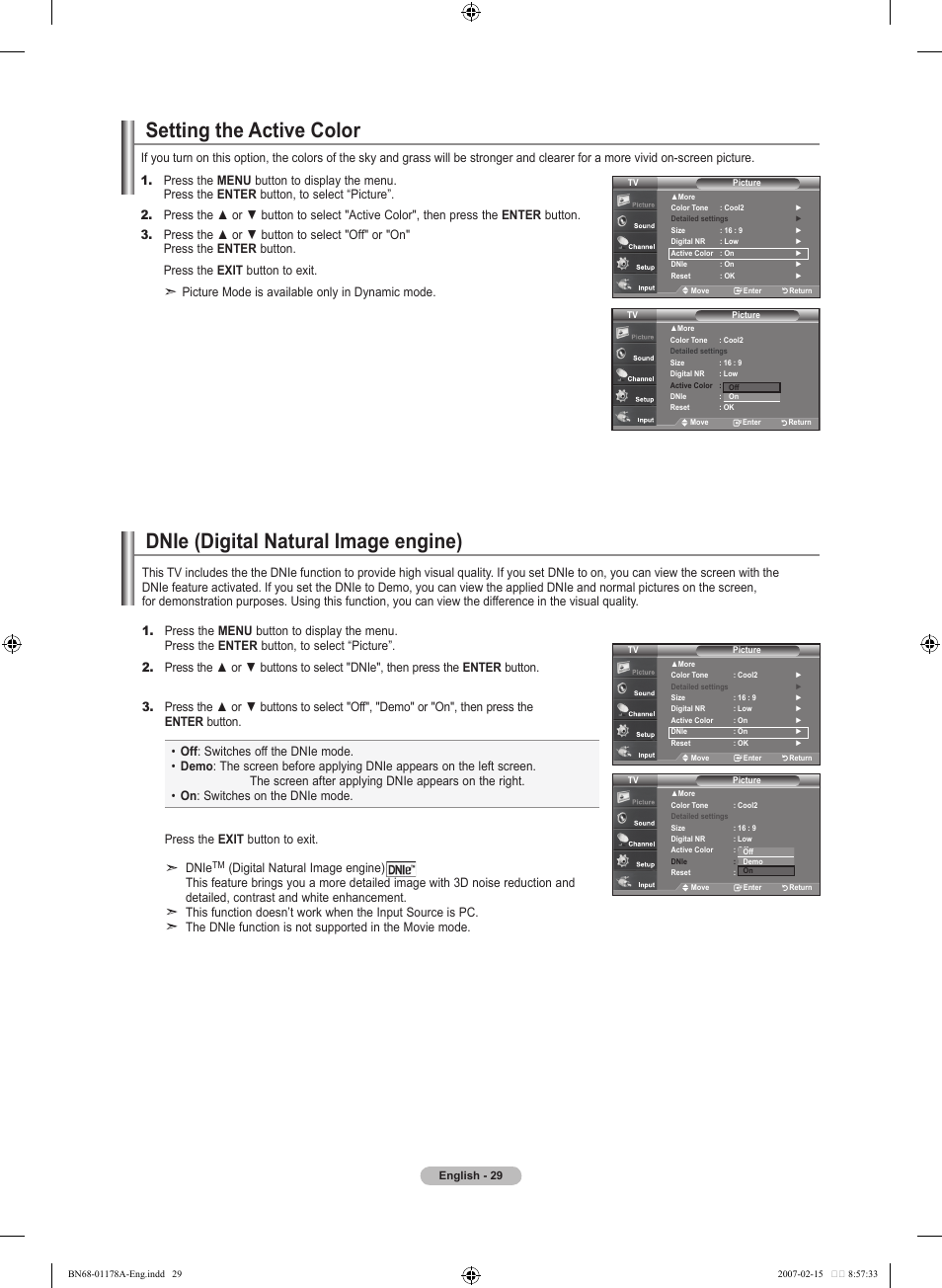 Setting the active color, Dnie (digital natural image engine) | Samsung LNT4665FX-XAA User Manual | Page 31 / 178