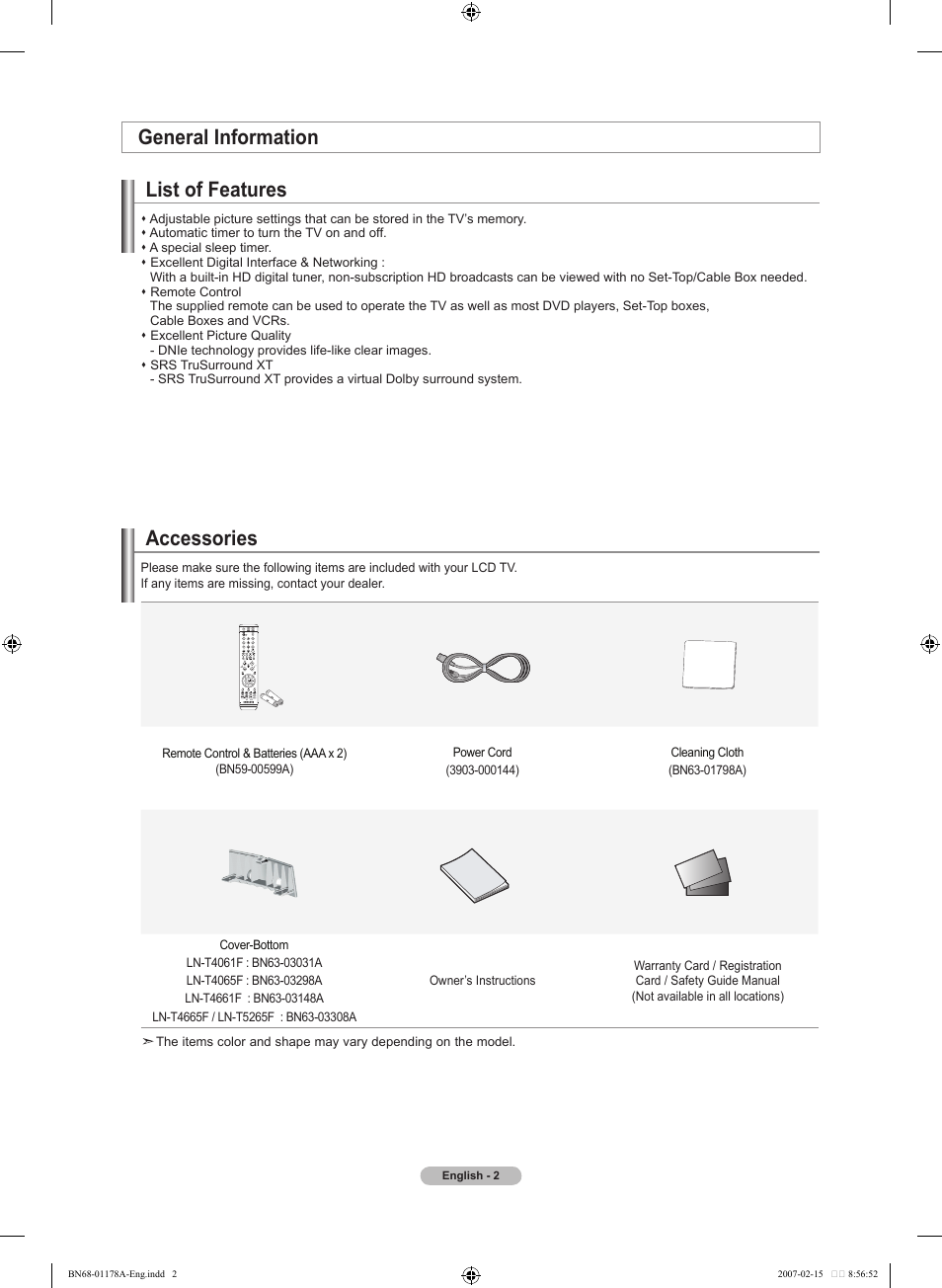 General information, List of features, Accessories | General information list of features | Samsung LNT4665FX-XAA User Manual | Page 4 / 178