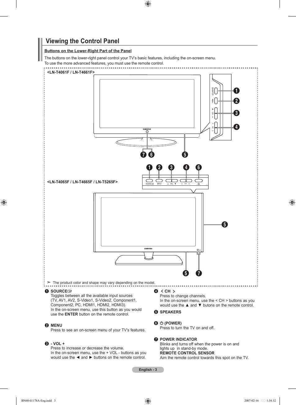 Viewing the control panel | Samsung LNT4665FX-XAA User Manual | Page 5 / 178