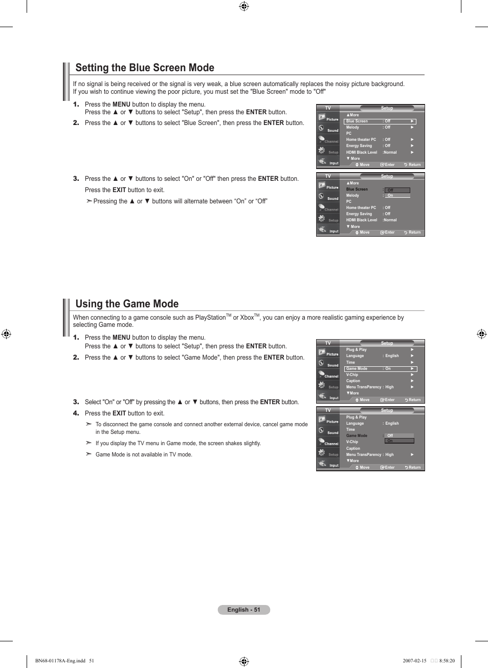 Setting the blue screen mode, Using the game mode, Or xbox | Samsung LNT4665FX-XAA User Manual | Page 53 / 178