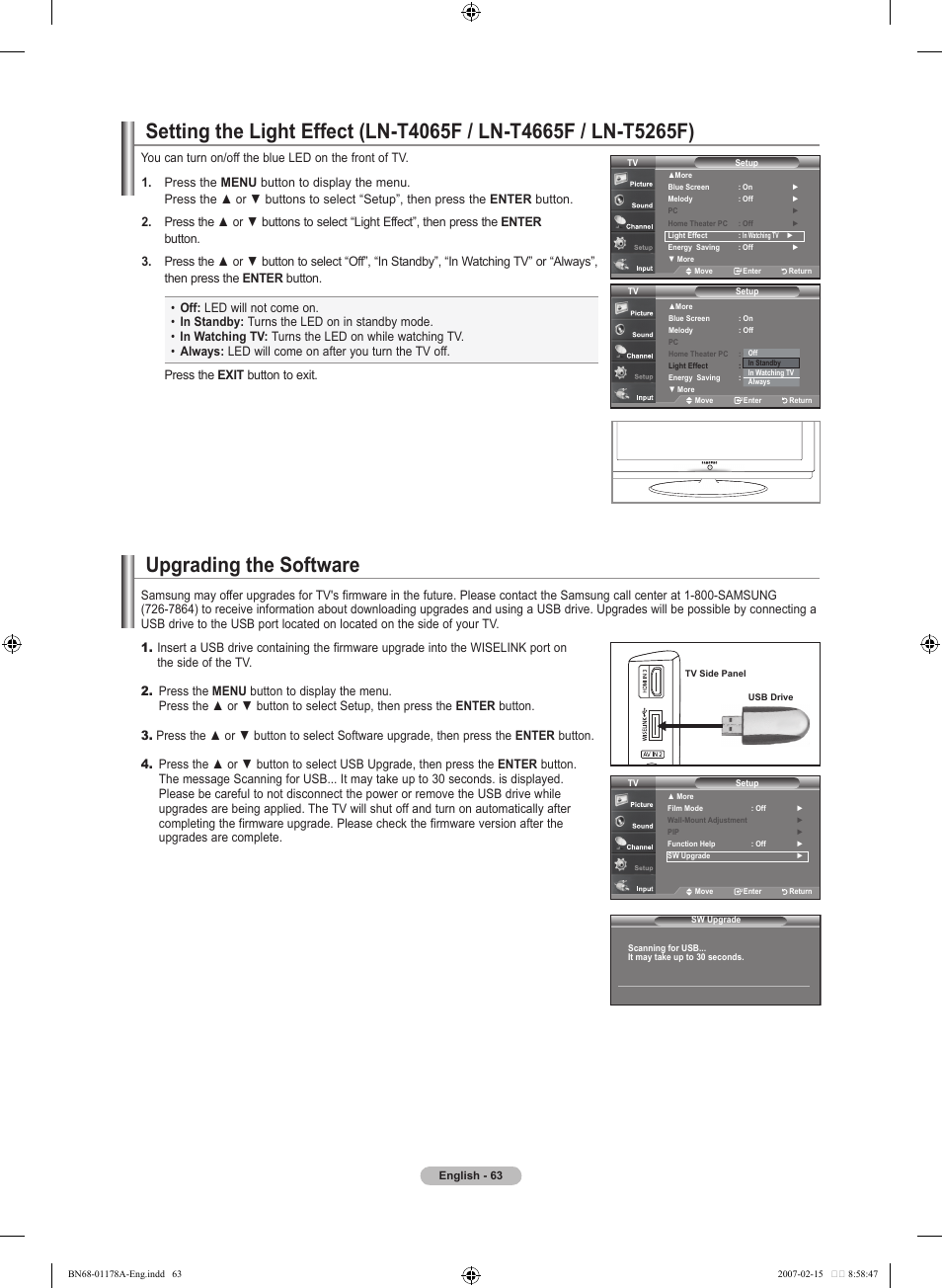 Upgrading the software | Samsung LNT4665FX-XAA User Manual | Page 65 / 178