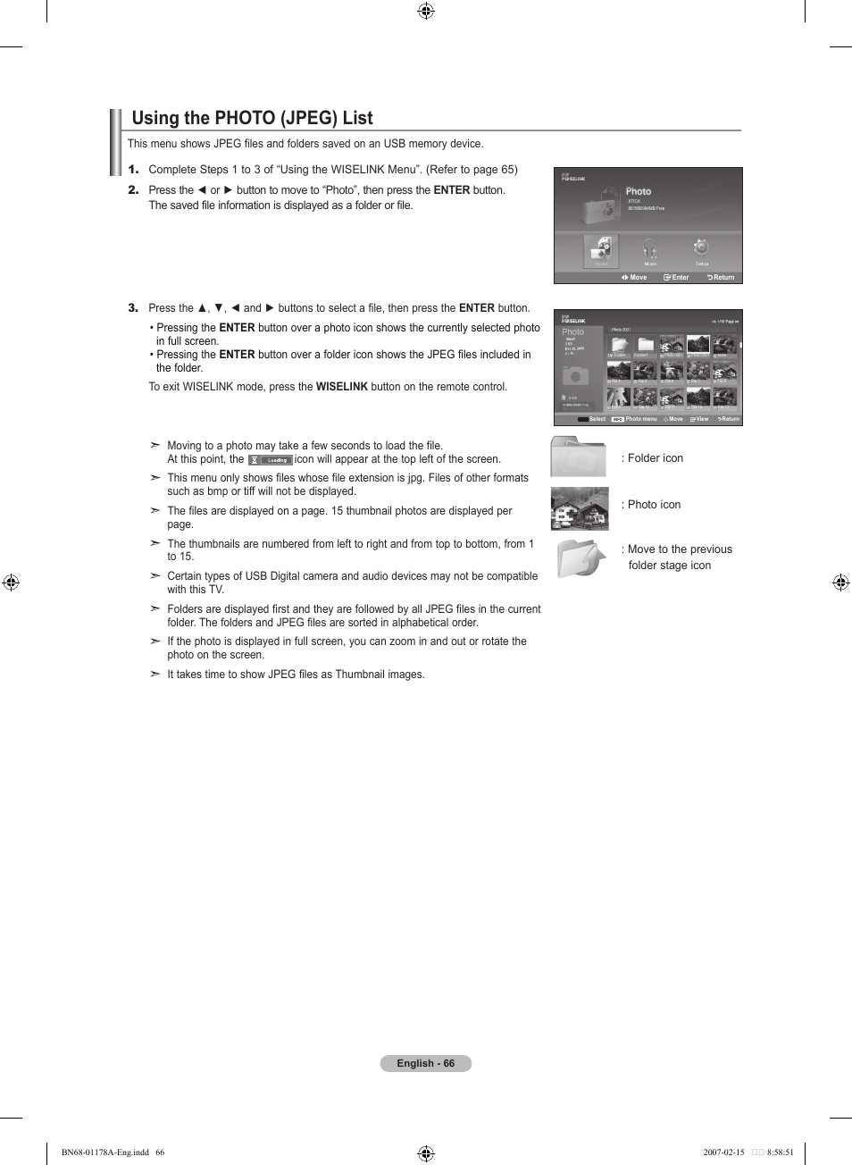 Using the photo (jpeg) list | Samsung LNT4665FX-XAA User Manual | Page 68 / 178