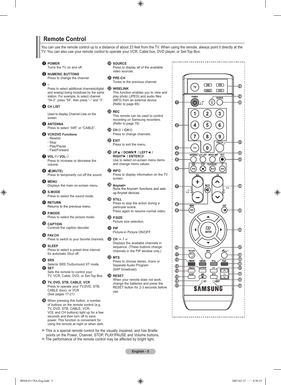 Remote control | Samsung LNT4665FX-XAA User Manual | Page 7 / 178
