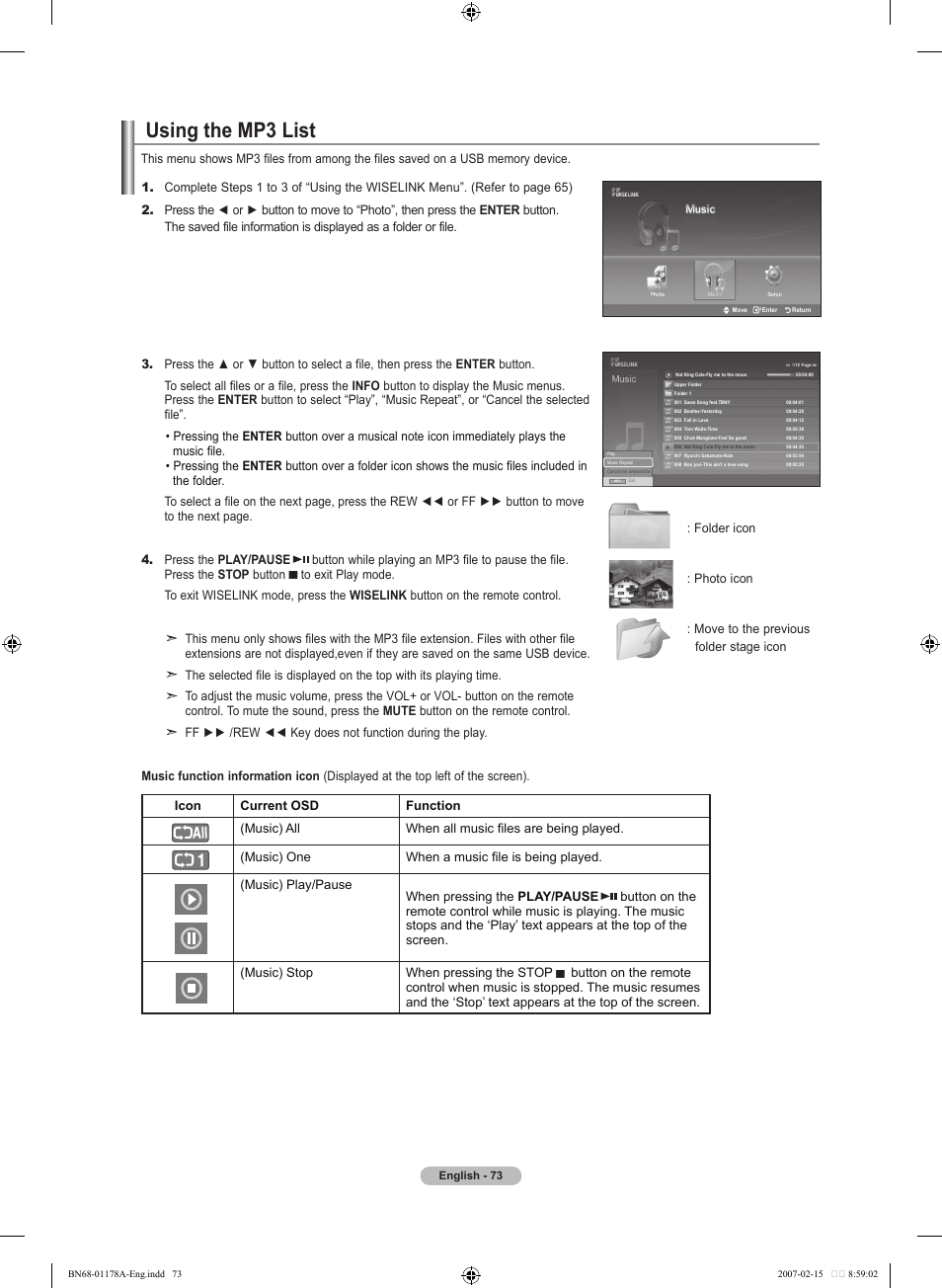 Using the mp3 list, Using the mp list | Samsung LNT4665FX-XAA User Manual | Page 75 / 178