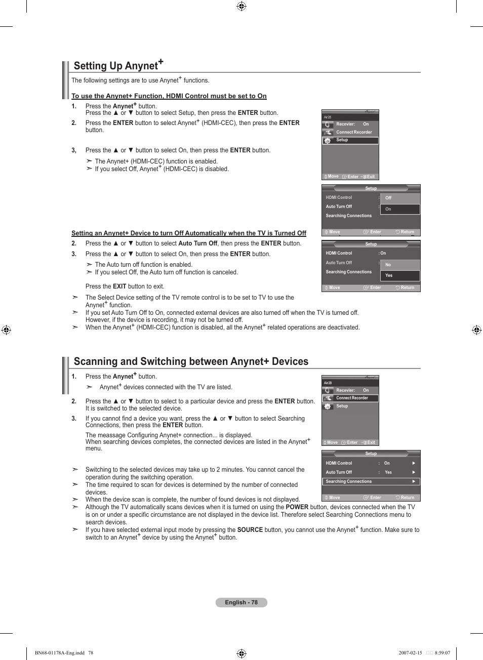 Setting up anynet, Scanning and switching between anynet+ devices | Samsung LNT4665FX-XAA User Manual | Page 80 / 178