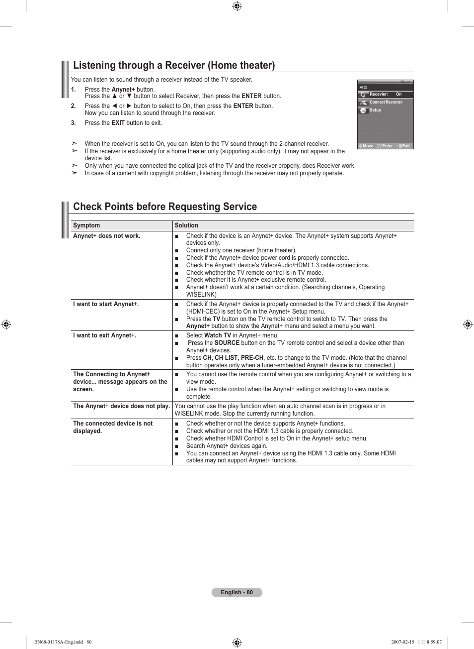 Listening through a receiver (home theater), Check points before requesting service | Samsung LNT4665FX-XAA User Manual | Page 82 / 178