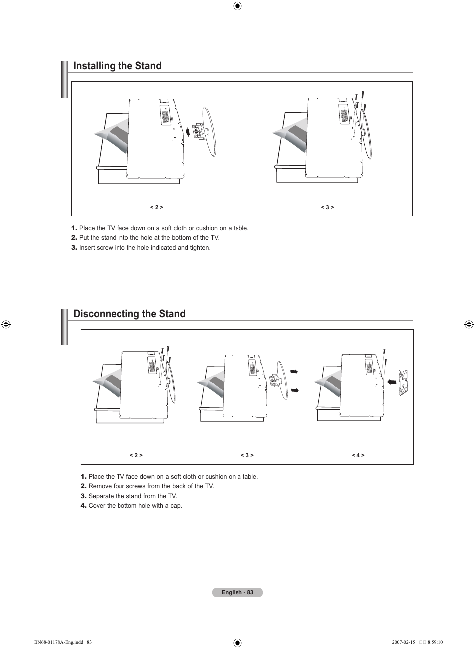 Installing the stand, Disconnecting the stand | Samsung LNT4665FX-XAA User Manual | Page 85 / 178