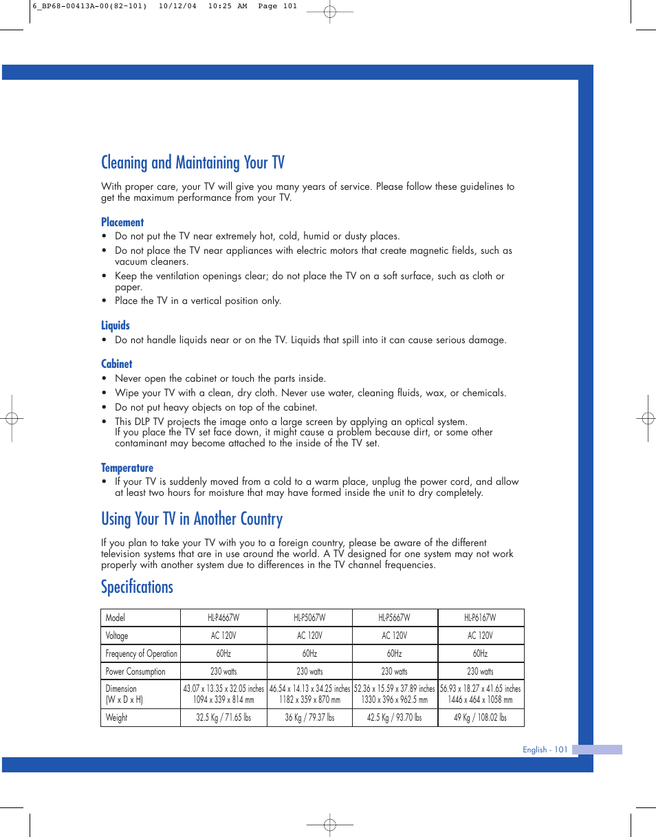 Cleaning and maintaining your tv, Using your tv in another country, Specifications | Samsung HLP4667WX-XAA User Manual | Page 101 / 102