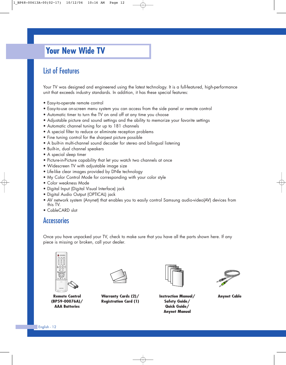 List of features, Accessories, Your new wide tv | Samsung HLP4667WX-XAA User Manual | Page 12 / 102