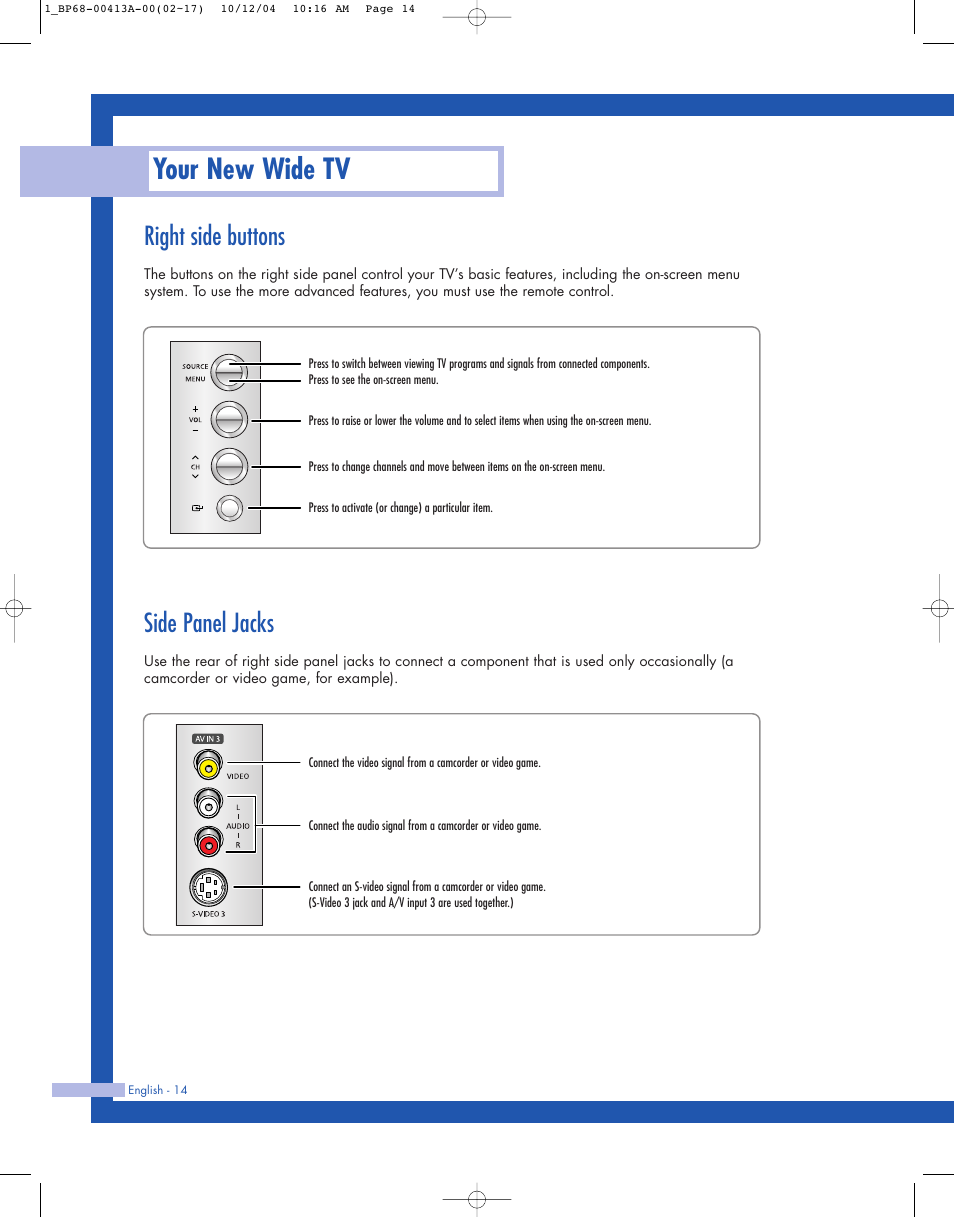 Right side buttons, Side panel jacks, Your new wide tv | Samsung HLP4667WX-XAA User Manual | Page 14 / 102