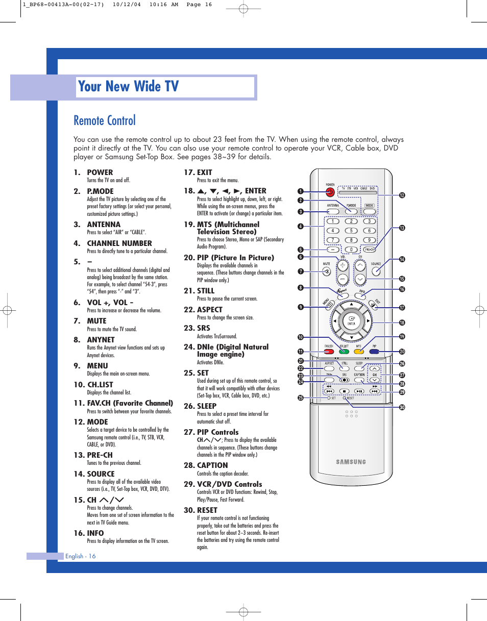Remote control, Your new wide tv | Samsung HLP4667WX-XAA User Manual | Page 16 / 102