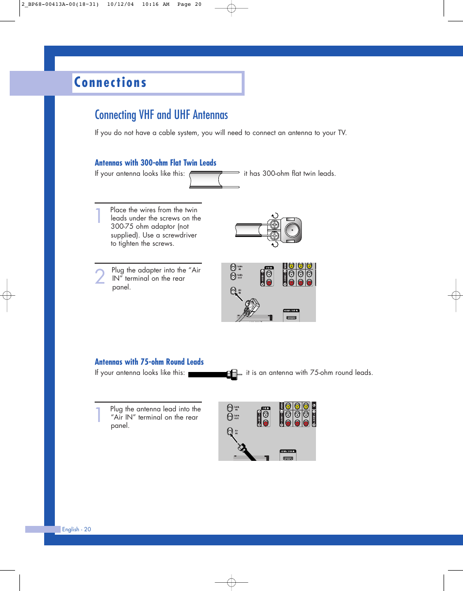 Connecting vhf and uhf antennas, Antennas with 300-ohm flat twin leads, Antennas with 75-ohm round leads | Connections | Samsung HLP4667WX-XAA User Manual | Page 20 / 102