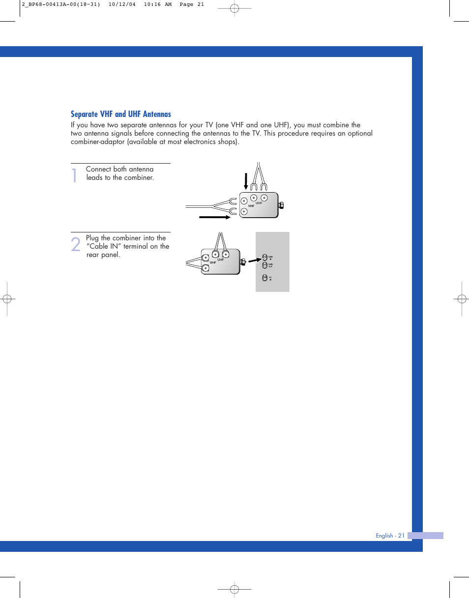 Separate vhf and uhf antennas | Samsung HLP4667WX-XAA User Manual | Page 21 / 102