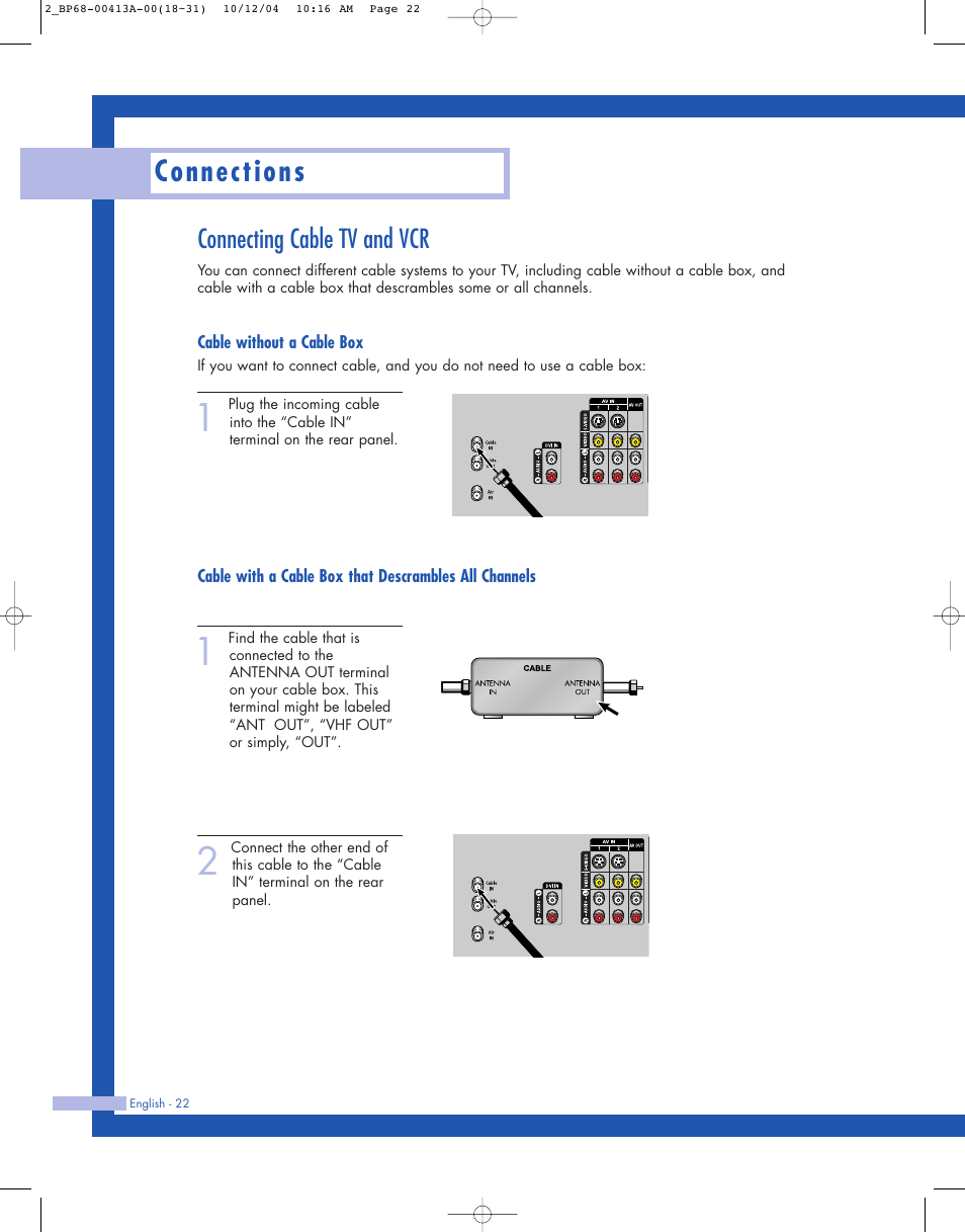 Connecting cable tv and vcr, Cable without a cable box, Connections | Samsung HLP4667WX-XAA User Manual | Page 22 / 102