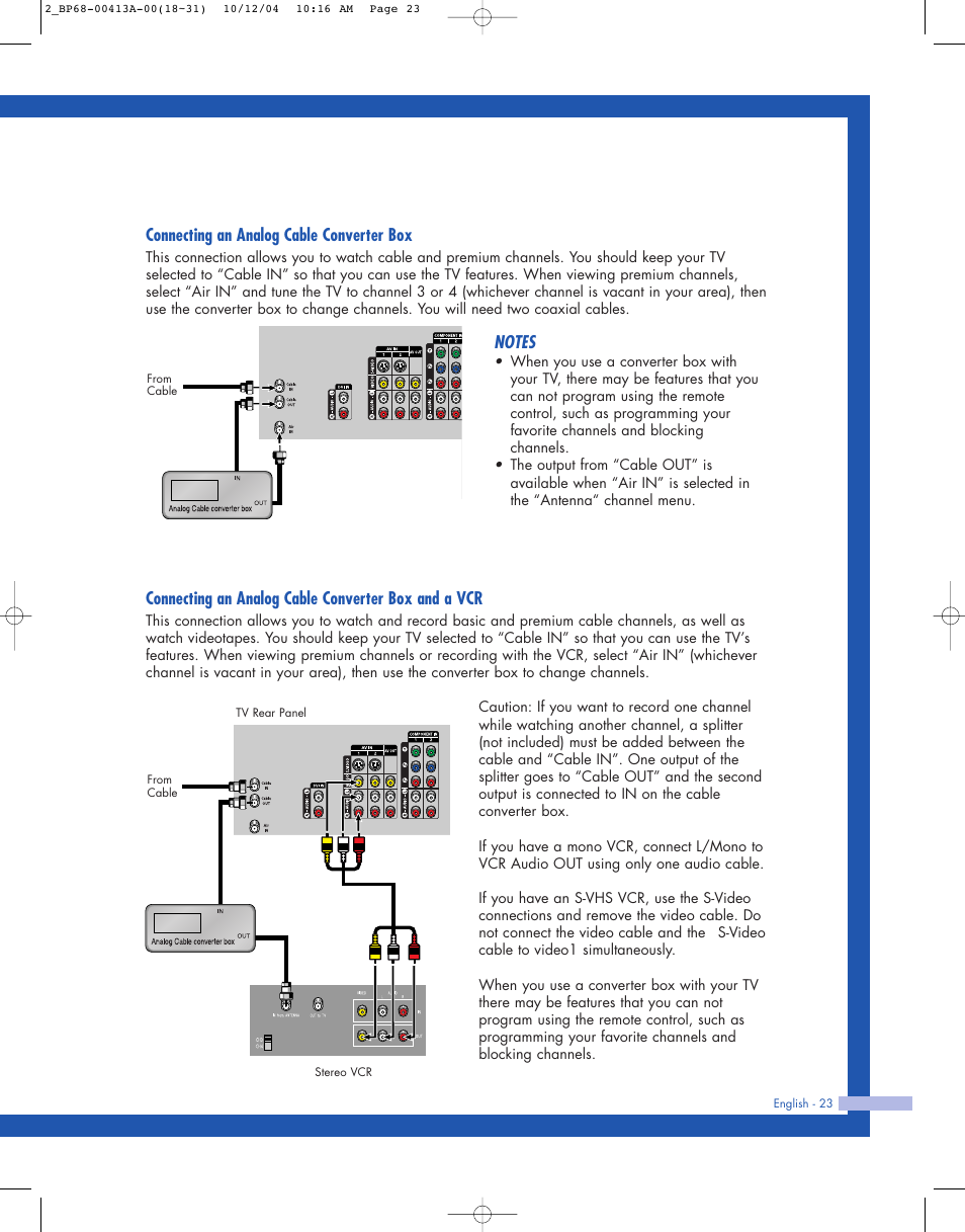 Connecting a analog cable converter box, Connecting a analog cable converter box and a vcr, Connecting an analog cable converter box | Connecting an analog cable converter box and a vcr | Samsung HLP4667WX-XAA User Manual | Page 23 / 102