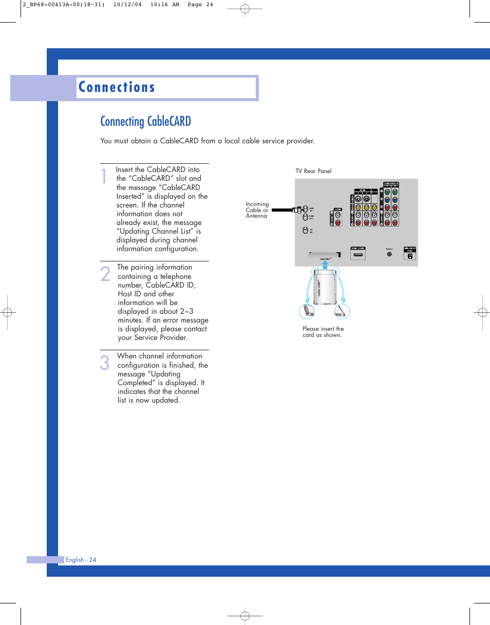 Connecting cablecard, Connections | Samsung HLP4667WX-XAA User Manual | Page 24 / 102