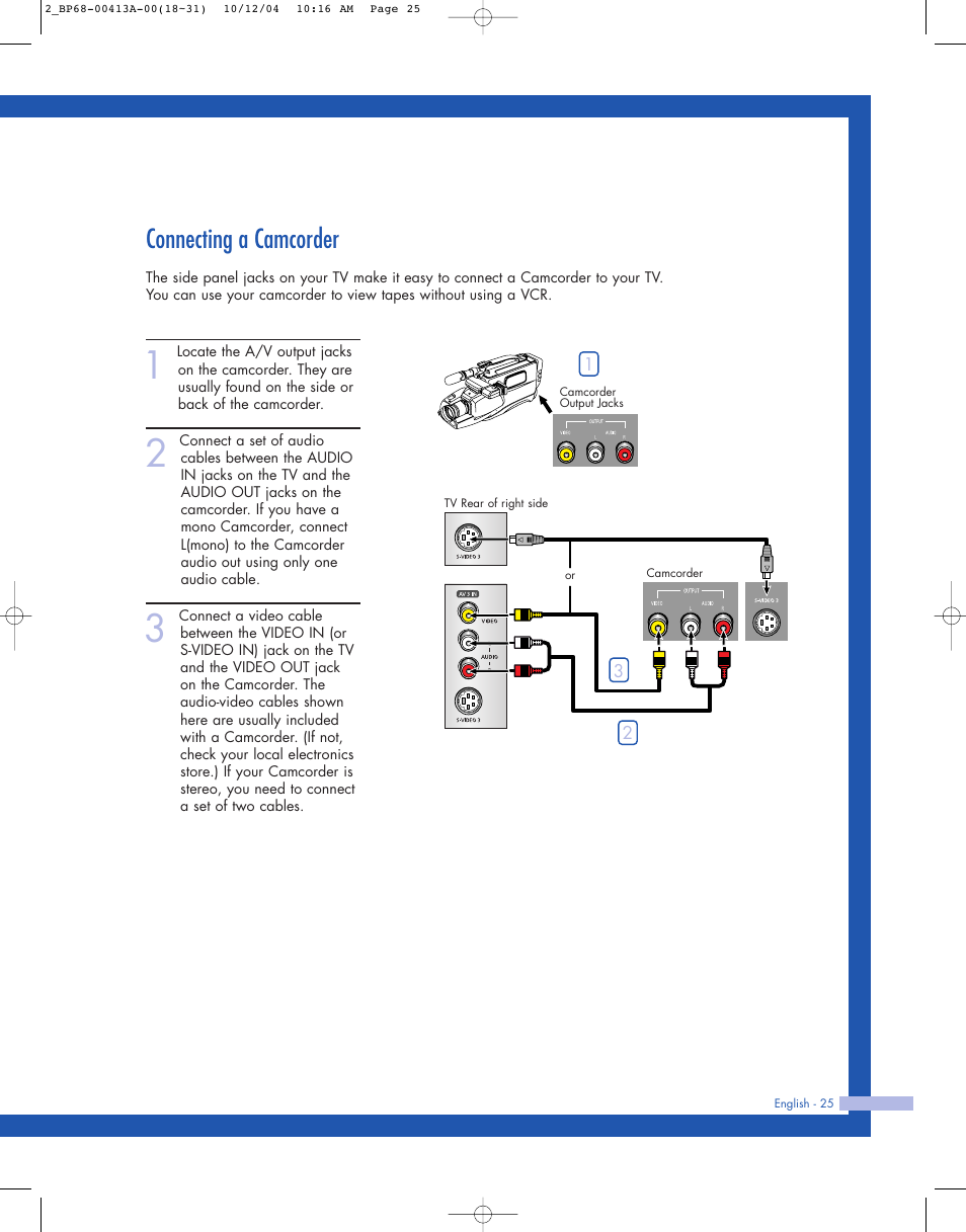 Connecting a camcorder | Samsung HLP4667WX-XAA User Manual | Page 25 / 102