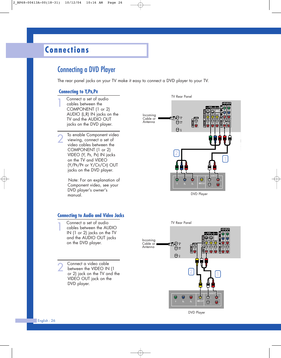 Connecting a dvd player, Connecting to y,pb,pr, Connecting to audio and video jacks | Connections | Samsung HLP4667WX-XAA User Manual | Page 26 / 102