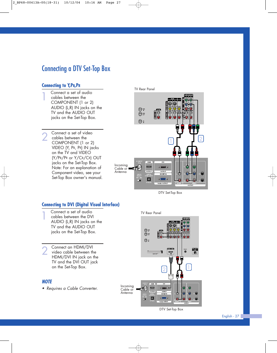Connecting a dtv set-top box, Connecting to y,pb,pr, Connecting to dvi (digital visual interface) | Samsung HLP4667WX-XAA User Manual | Page 27 / 102