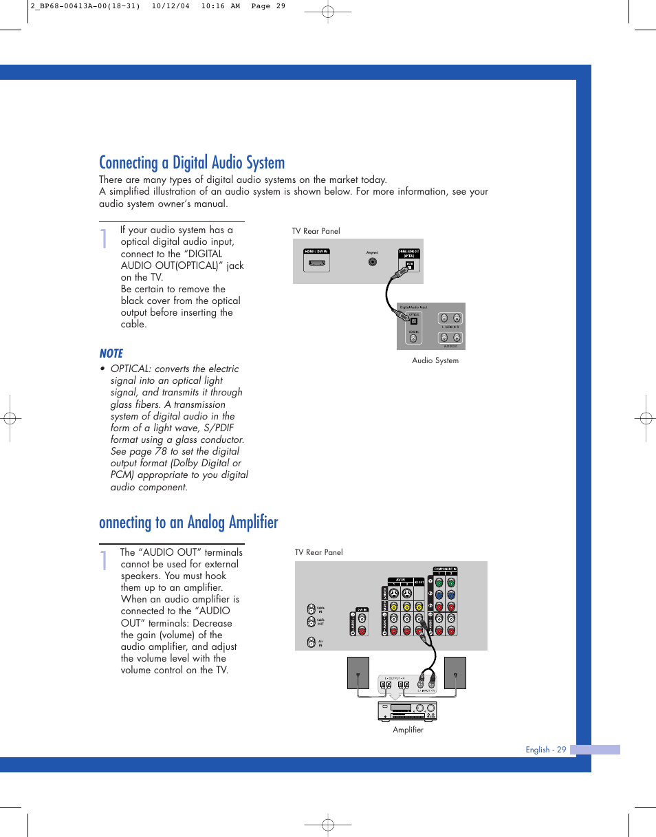 Connecting a digital audio system, Connecting to an analog amplifier, Onnecting to an analog amplifier | Samsung HLP4667WX-XAA User Manual | Page 29 / 102
