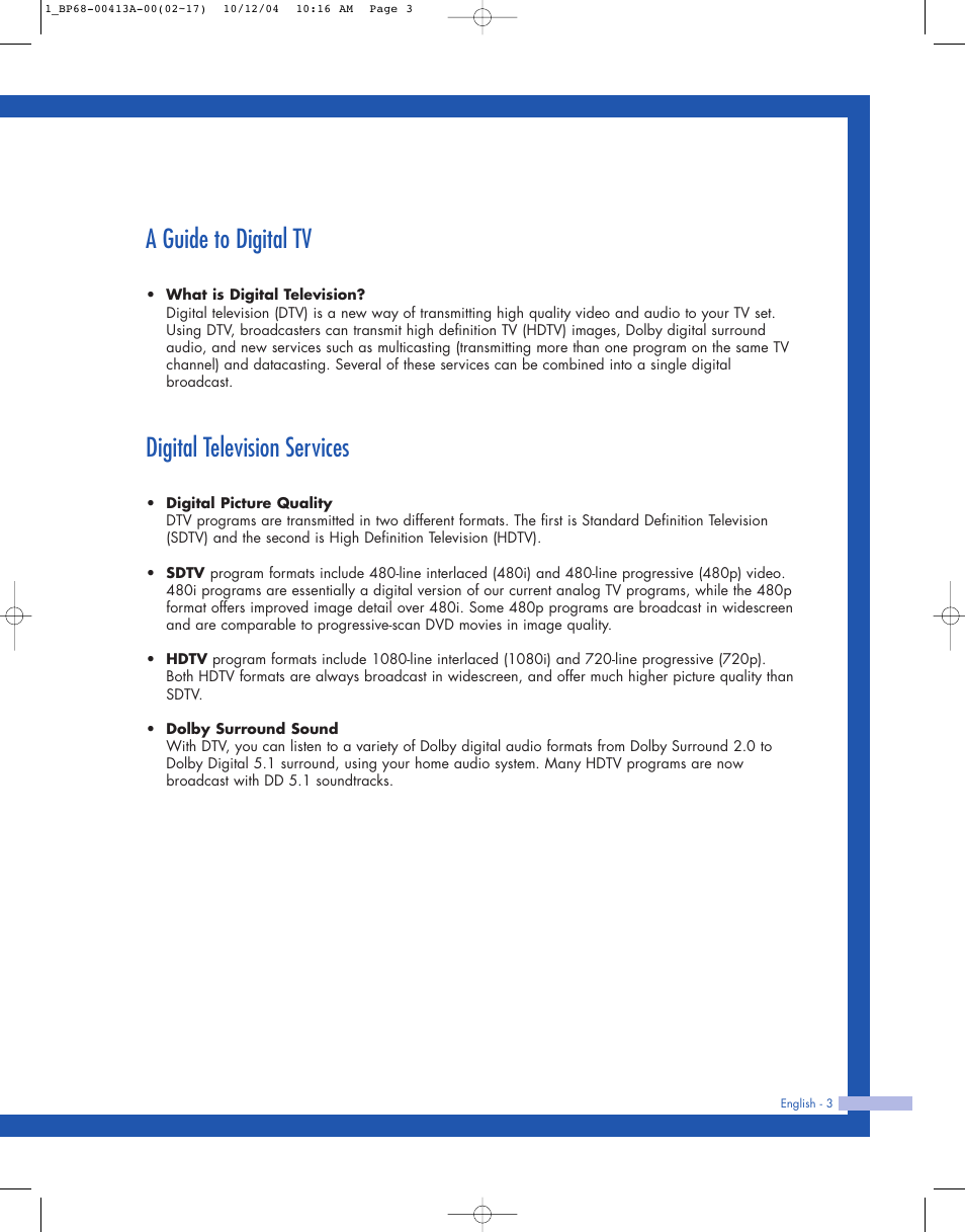A guide to digital tv, Digital television services | Samsung HLP4667WX-XAA User Manual | Page 3 / 102