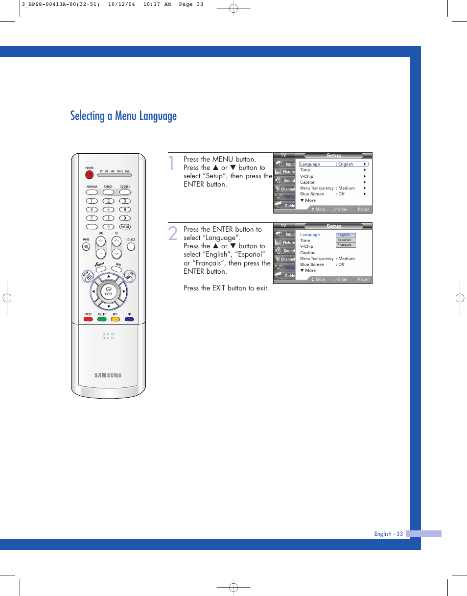 Selecting a menu language | Samsung HLP4667WX-XAA User Manual | Page 33 / 102