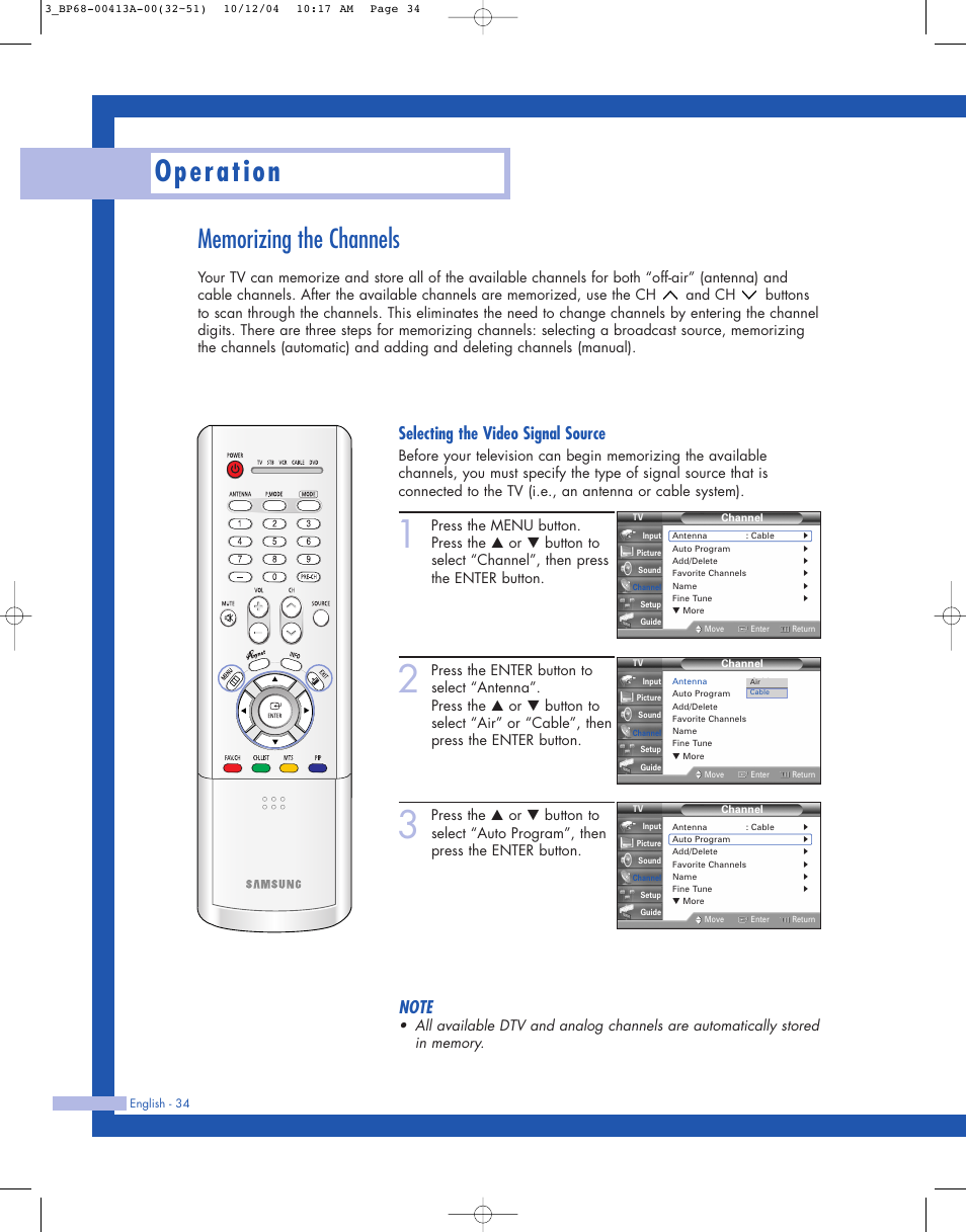 Memorizing the channels, Operation, Selecting the video signal source | Samsung HLP4667WX-XAA User Manual | Page 34 / 102