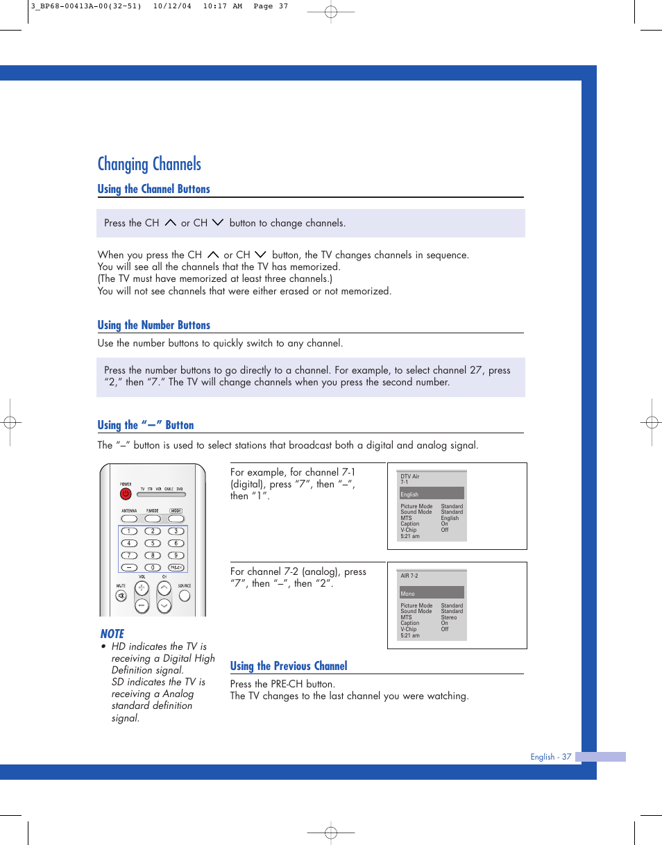 Changing channels, Using the channel buttons, Using the number buttons | Using the “-” button, Using the previous channel | Samsung HLP4667WX-XAA User Manual | Page 37 / 102