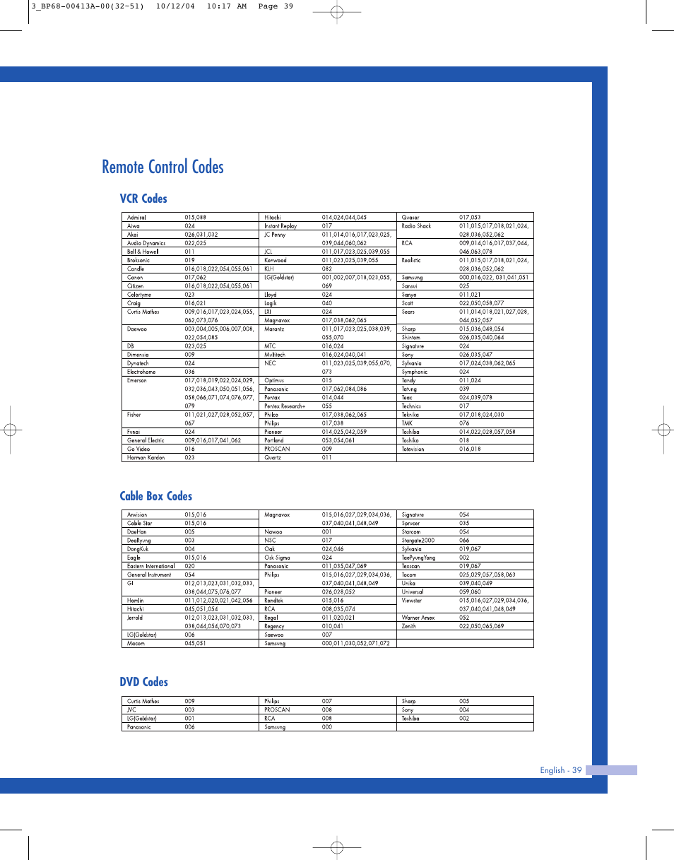 Remote control codes | Samsung HLP4667WX-XAA User Manual | Page 39 / 102