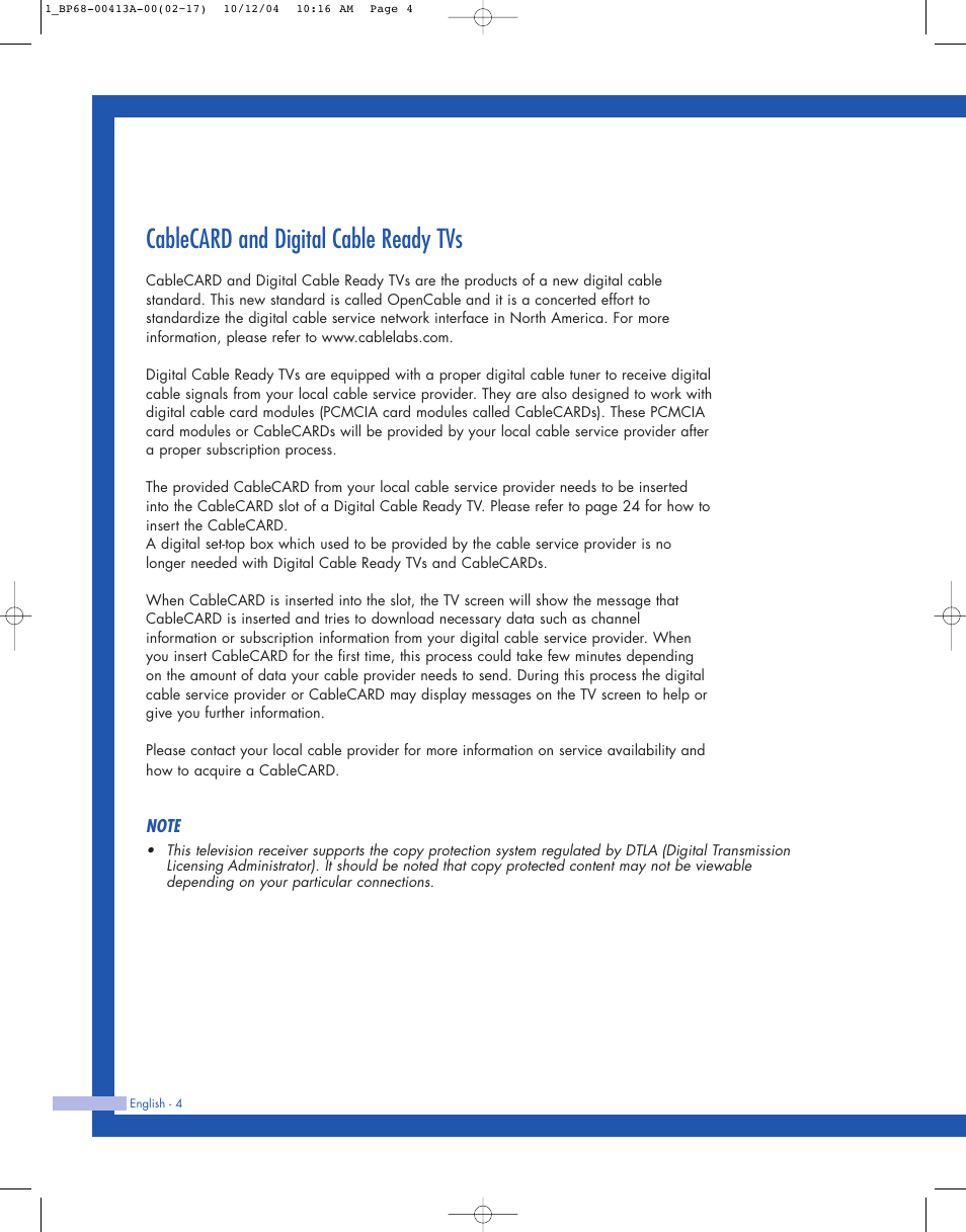 Cablecard and digital cable ready tvs | Samsung HLP4667WX-XAA User Manual | Page 4 / 102