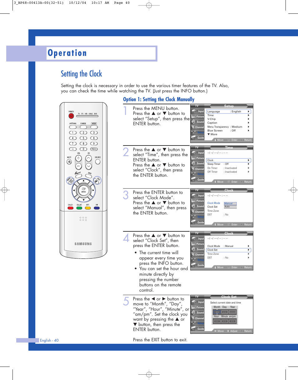 Setting the clock, Operation, Option 1: setting the clock manually | Samsung HLP4667WX-XAA User Manual | Page 40 / 102