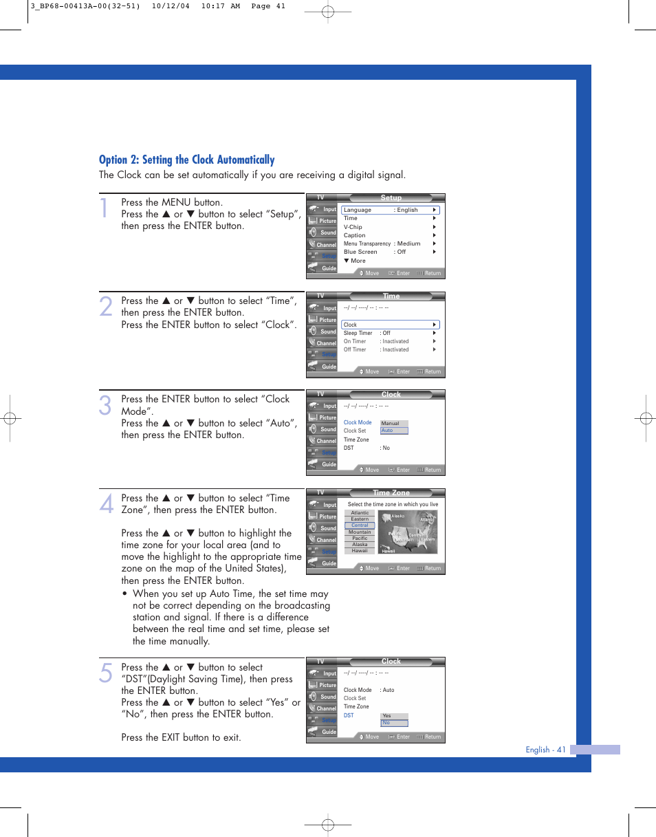 Option 2: setting the clock automatically | Samsung HLP4667WX-XAA User Manual | Page 41 / 102