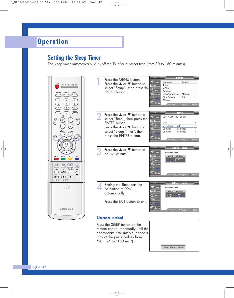 Setting the sleep timer, Operation, Alternate method | Press the … or † button to adjust “minute | Samsung HLP4667WX-XAA User Manual | Page 42 / 102