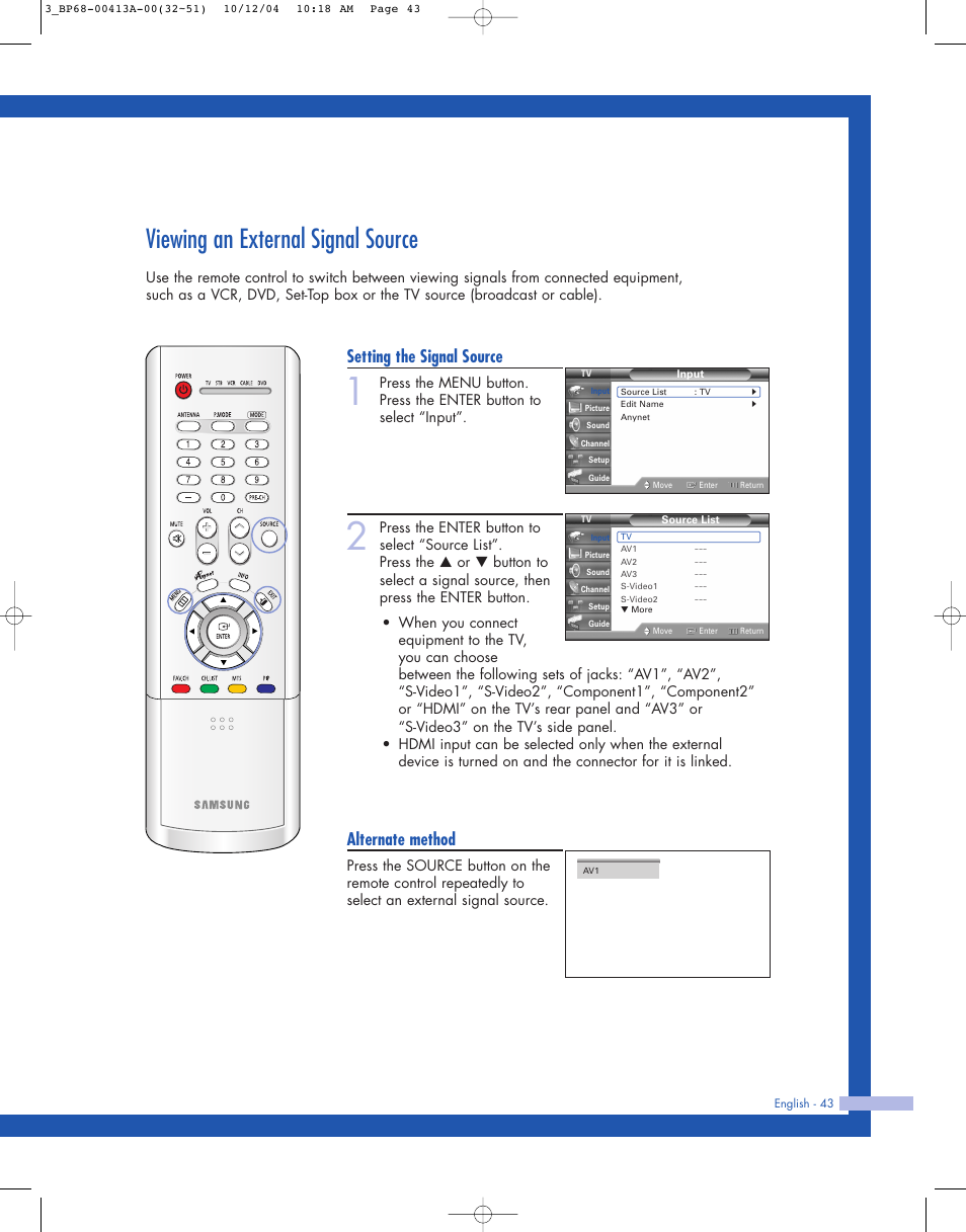 Viewing an external signal source, Setting the signal source, Alternate method | Samsung HLP4667WX-XAA User Manual | Page 43 / 102