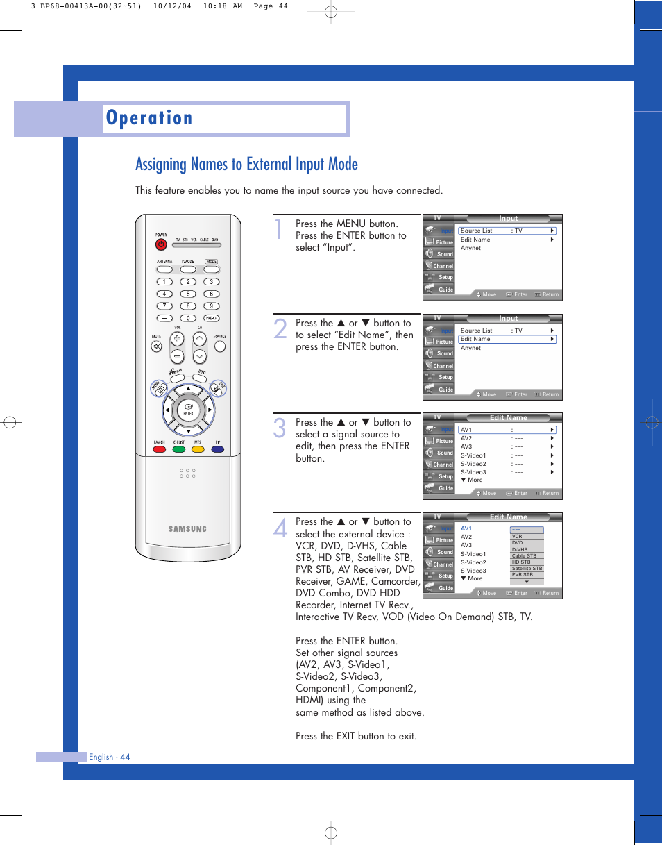 Assigning names to external input mode, Operation | Samsung HLP4667WX-XAA User Manual | Page 44 / 102