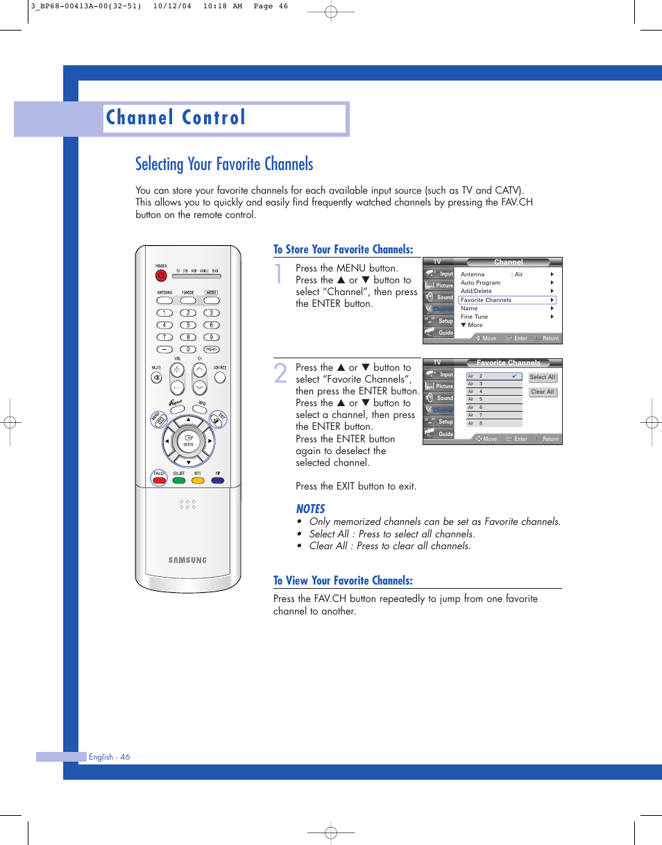 Selecting your favorite channels, Channel control | Samsung HLP4667WX-XAA User Manual | Page 46 / 102