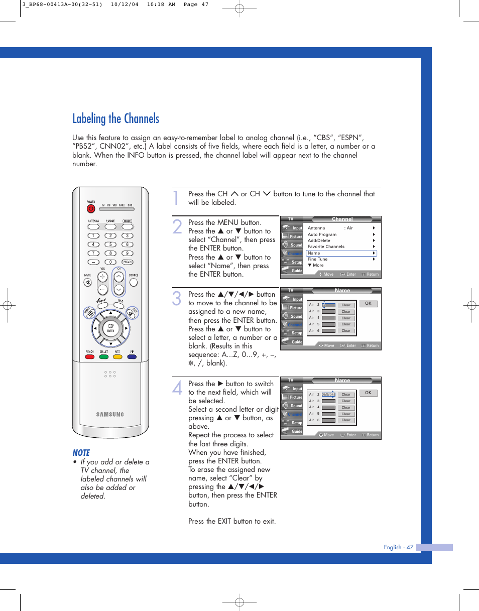 Labeling the channels | Samsung HLP4667WX-XAA User Manual | Page 47 / 102