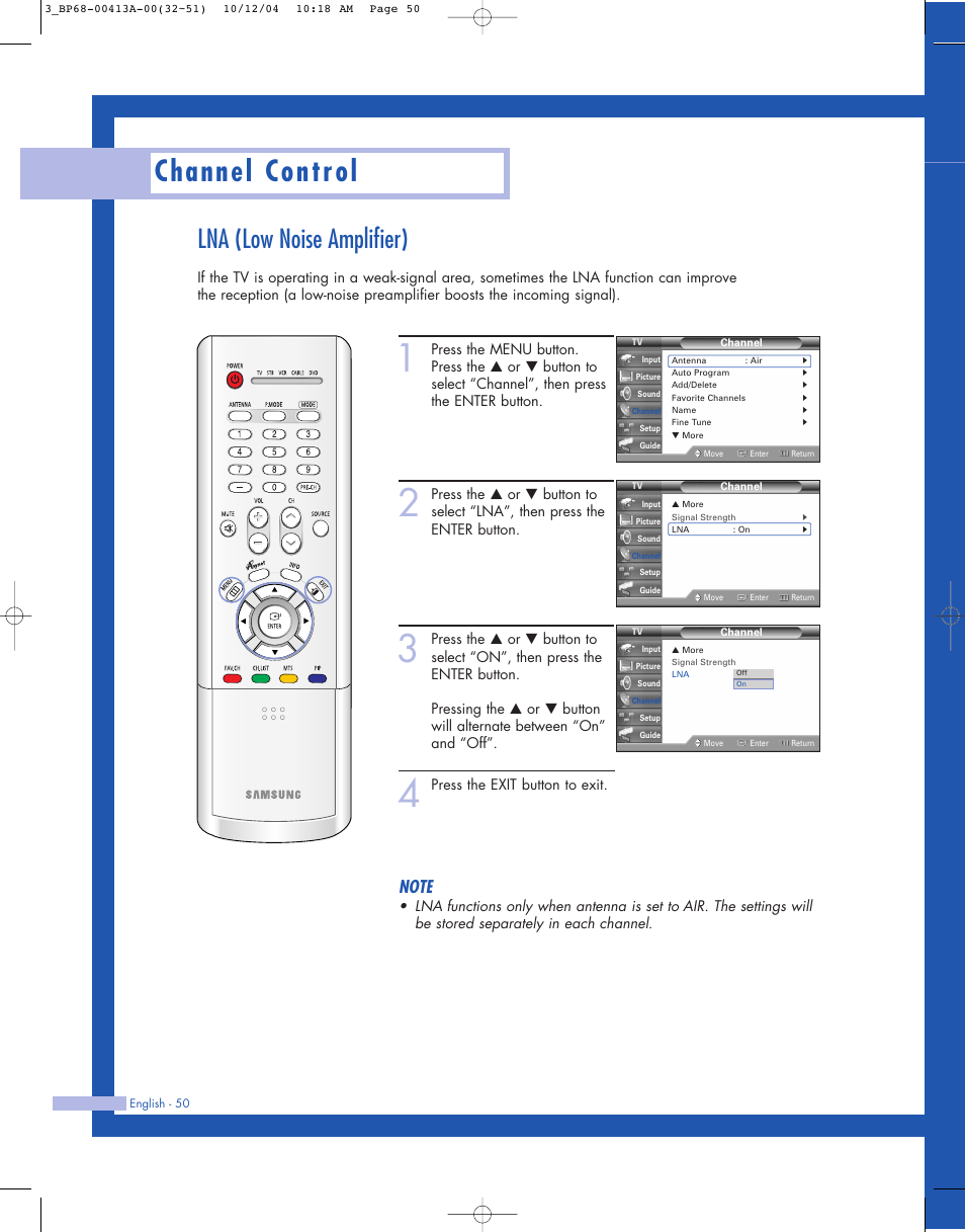 Lna (low noise amplifier), Channel control | Samsung HLP4667WX-XAA User Manual | Page 50 / 102