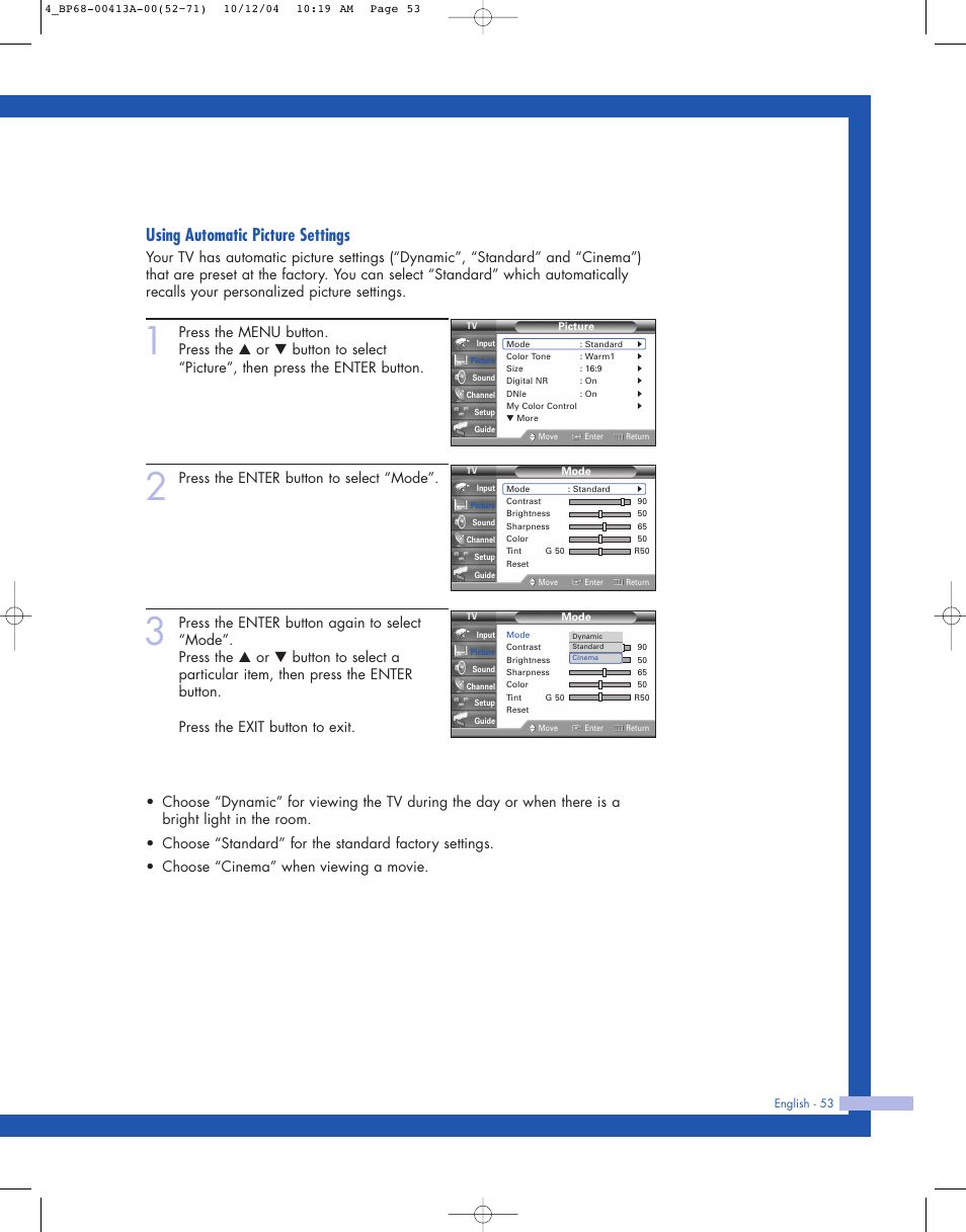 Using automatic picture settings, Press the enter button to select “mode | Samsung HLP4667WX-XAA User Manual | Page 53 / 102