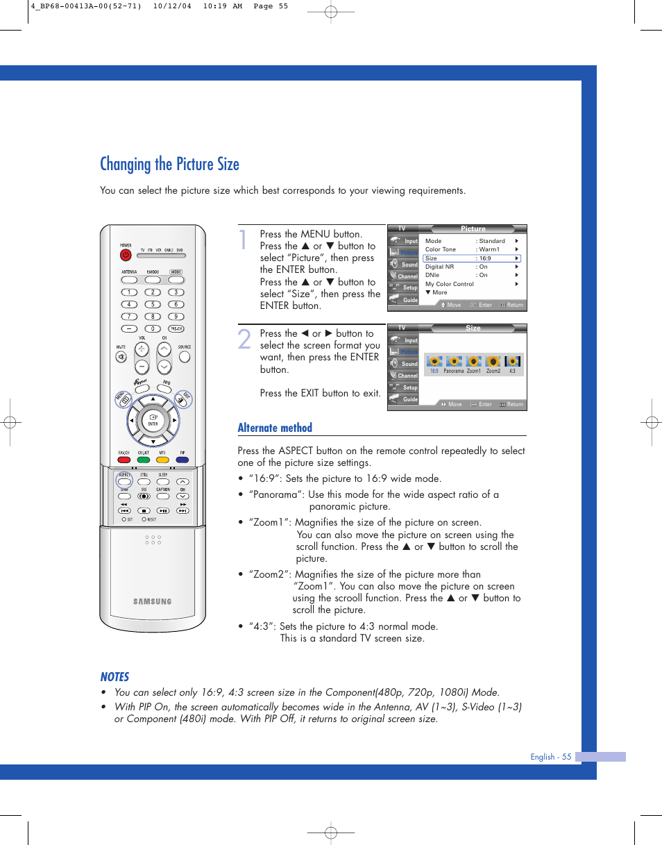 Changing the picture size, Alternate method | Samsung HLP4667WX-XAA User Manual | Page 55 / 102