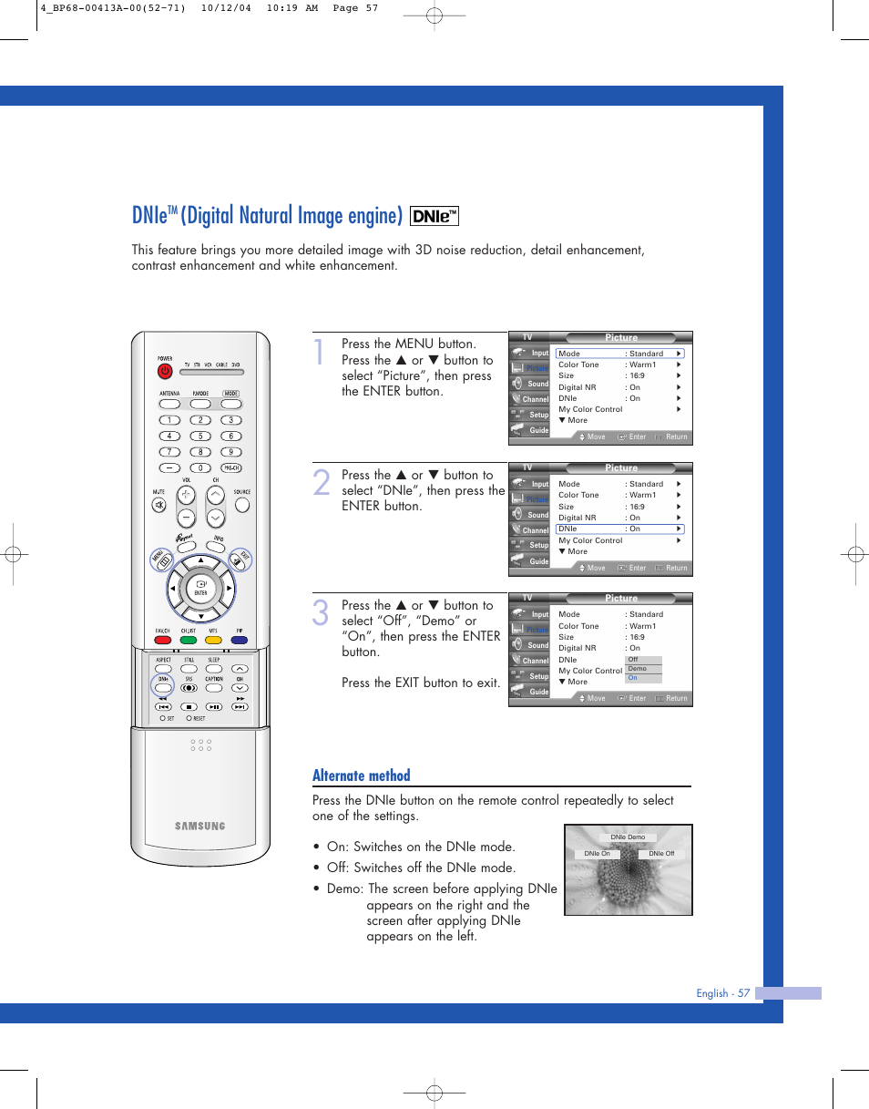 Dnietm (digital natural image engine), Dnie, Digital natural image engine) | Alternate method | Samsung HLP4667WX-XAA User Manual | Page 57 / 102